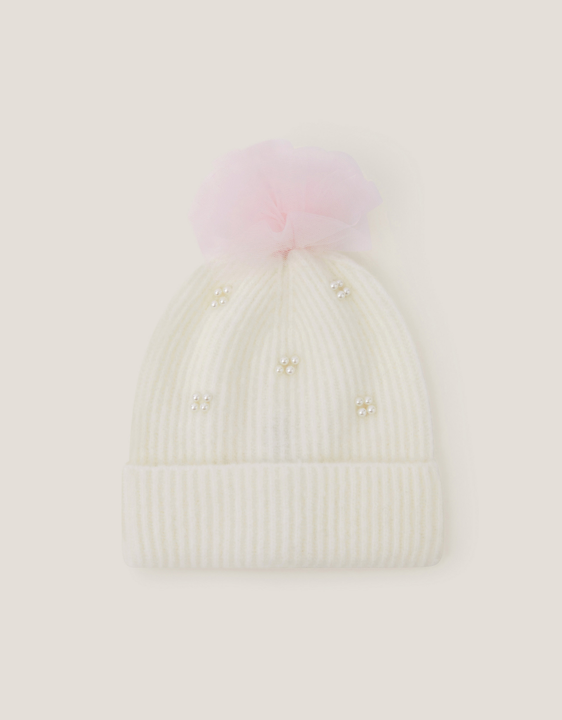 Tulle Pom-Pom Beanie Hat Ivory Tulle Pom-Pom Beanie Hat Ivory