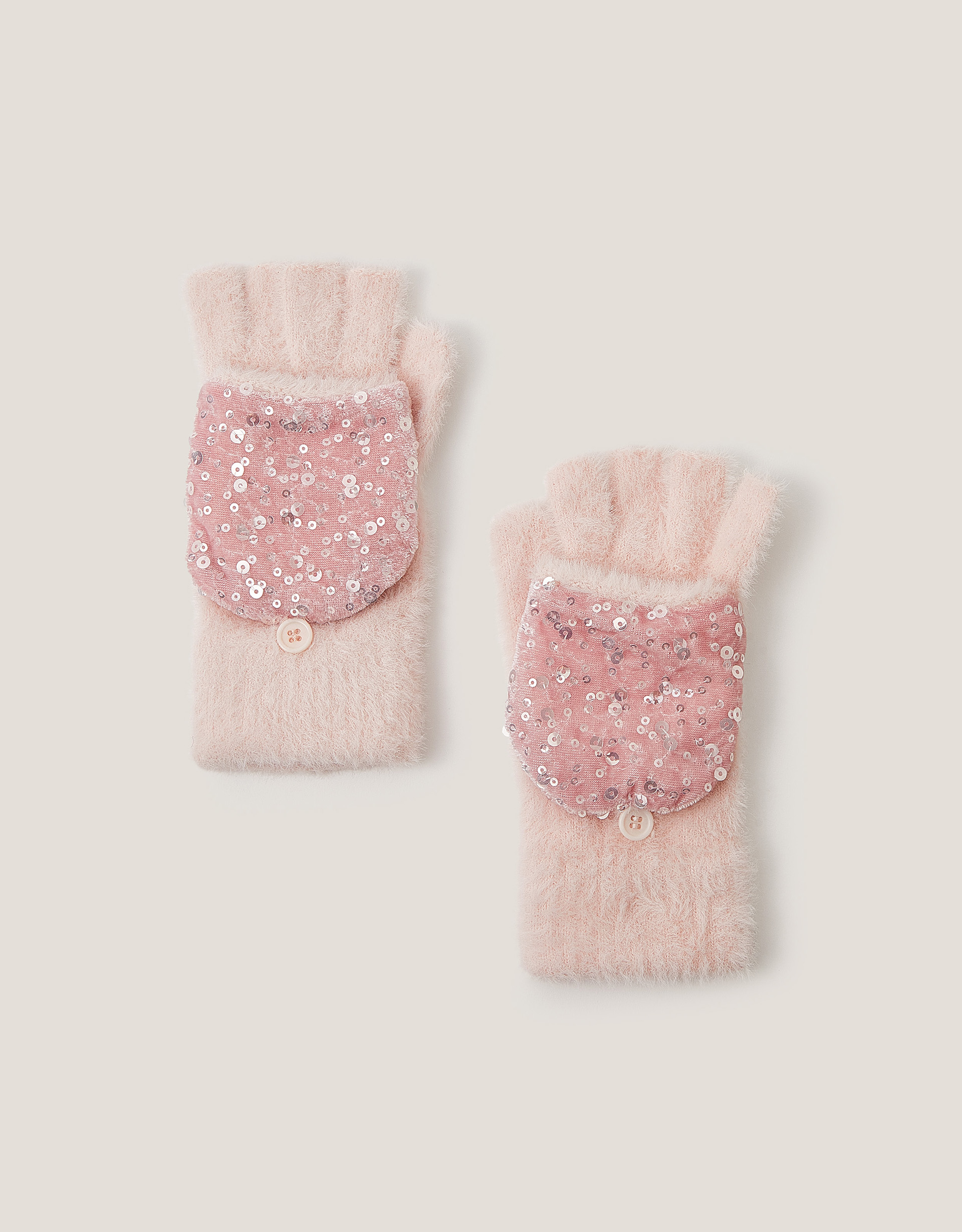 Fuzzy Sequin Capped Gloves Pink