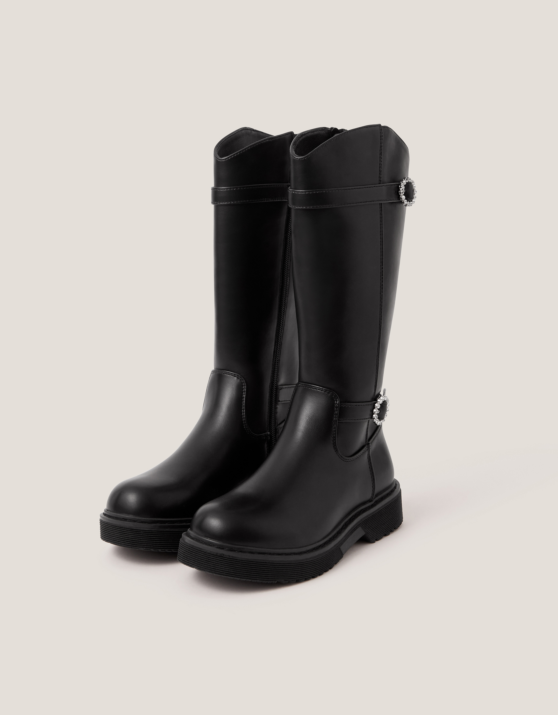 Diamante Buckle Knee High Boots Black