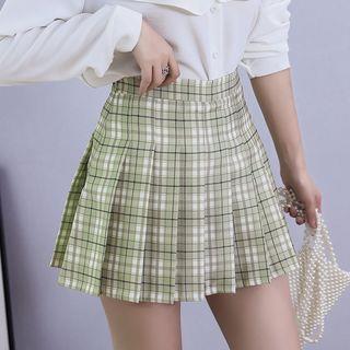 High Waist Pleated Plaid Skirt with Inset Shorts Yellowish Green