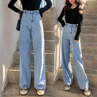High-Waist Washed Loose Fit Jeans unopened button holes Light Blue