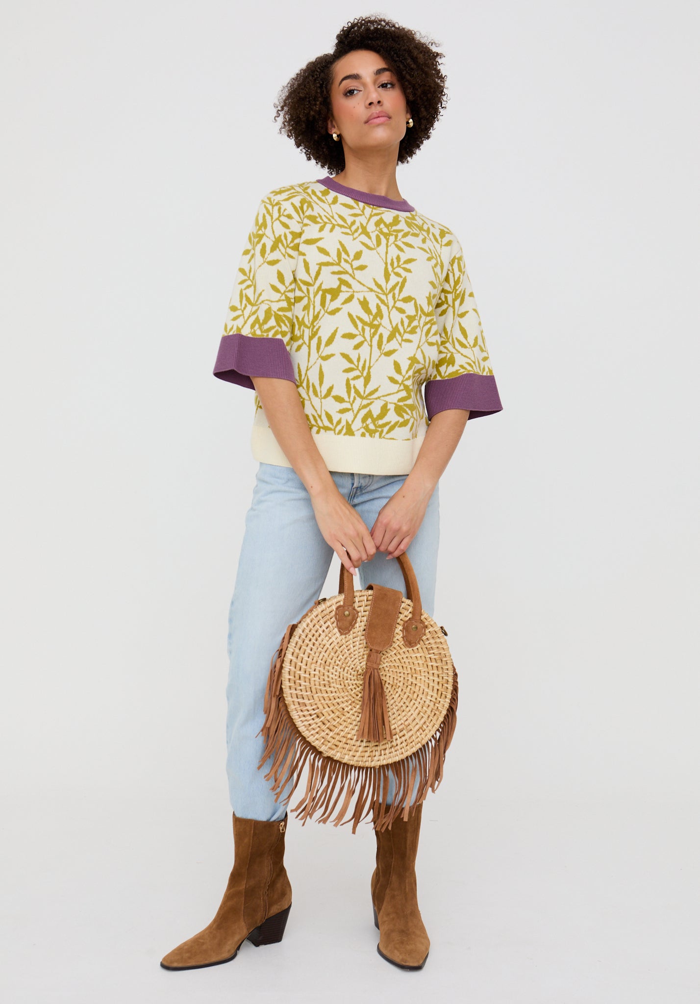 Daffodil Slouchy Leaf Print Knitted shirt In Multi Daffodil Slouchy Leaf Print Knitted shirt In Multi