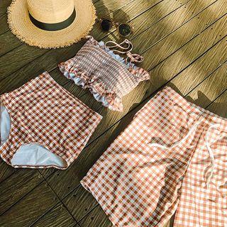 Couple Matching Two-Piece Swimsuit Swim Shorts Men – Swim Shorts – Gingham – Brown & White Couple Matching Two-Piece Swimsuit Swim Shorts Men – Swim Shorts – Gingham – Brown & White
