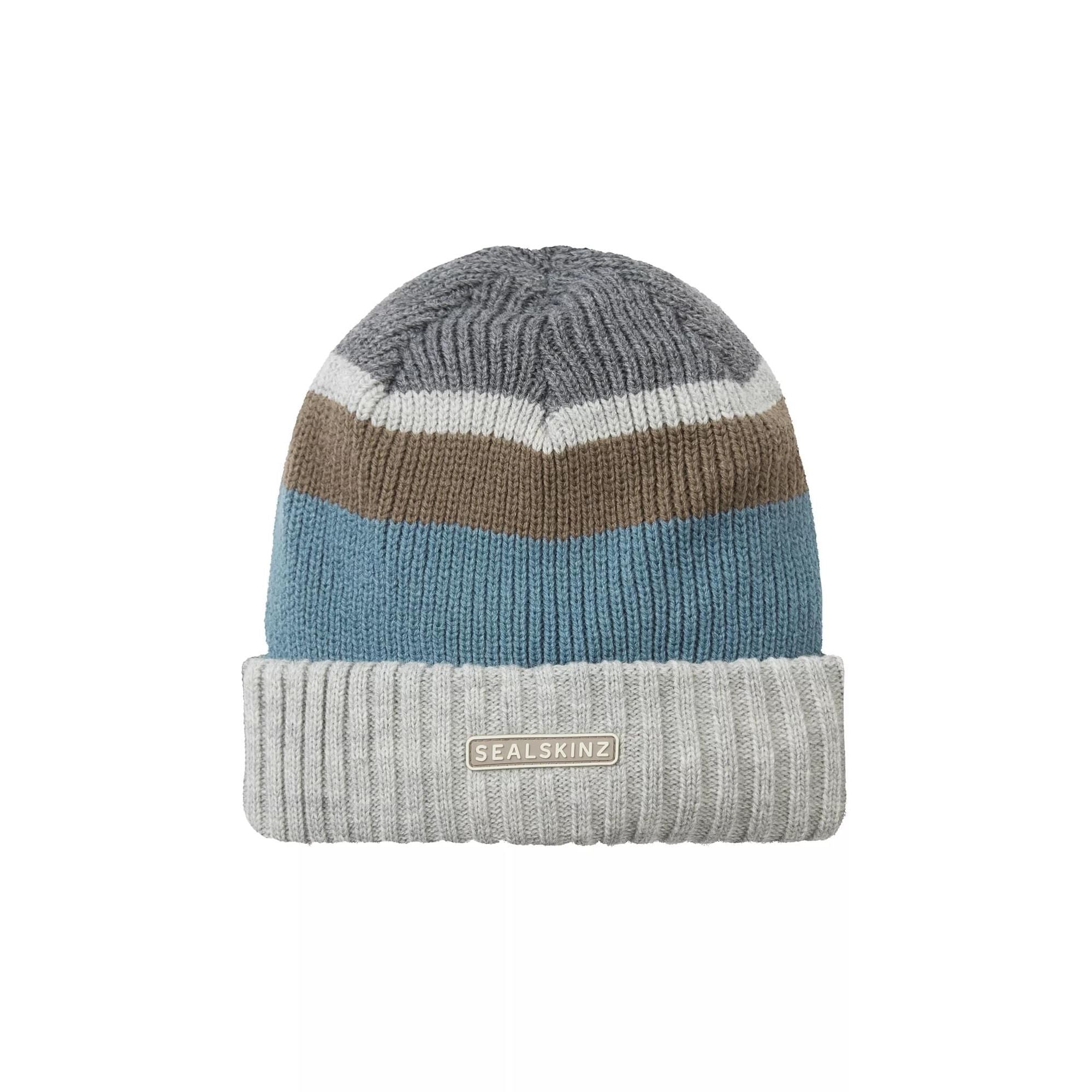 Mens & Ladies Waterproof Thermal Roll Cuff Striped Beanie Hat – S-M CreamBlueBrownGrey