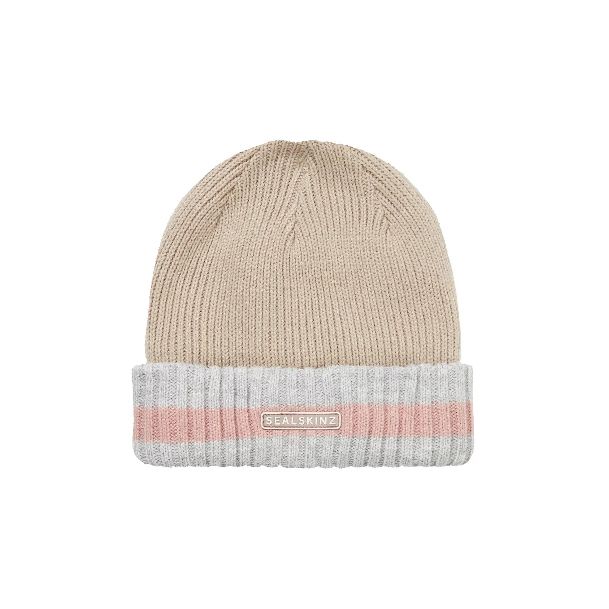 Mens & Ladies Waterproof Cold Weather Striped Roll Cuff Beanie Hat – L- Brown Cream Pink