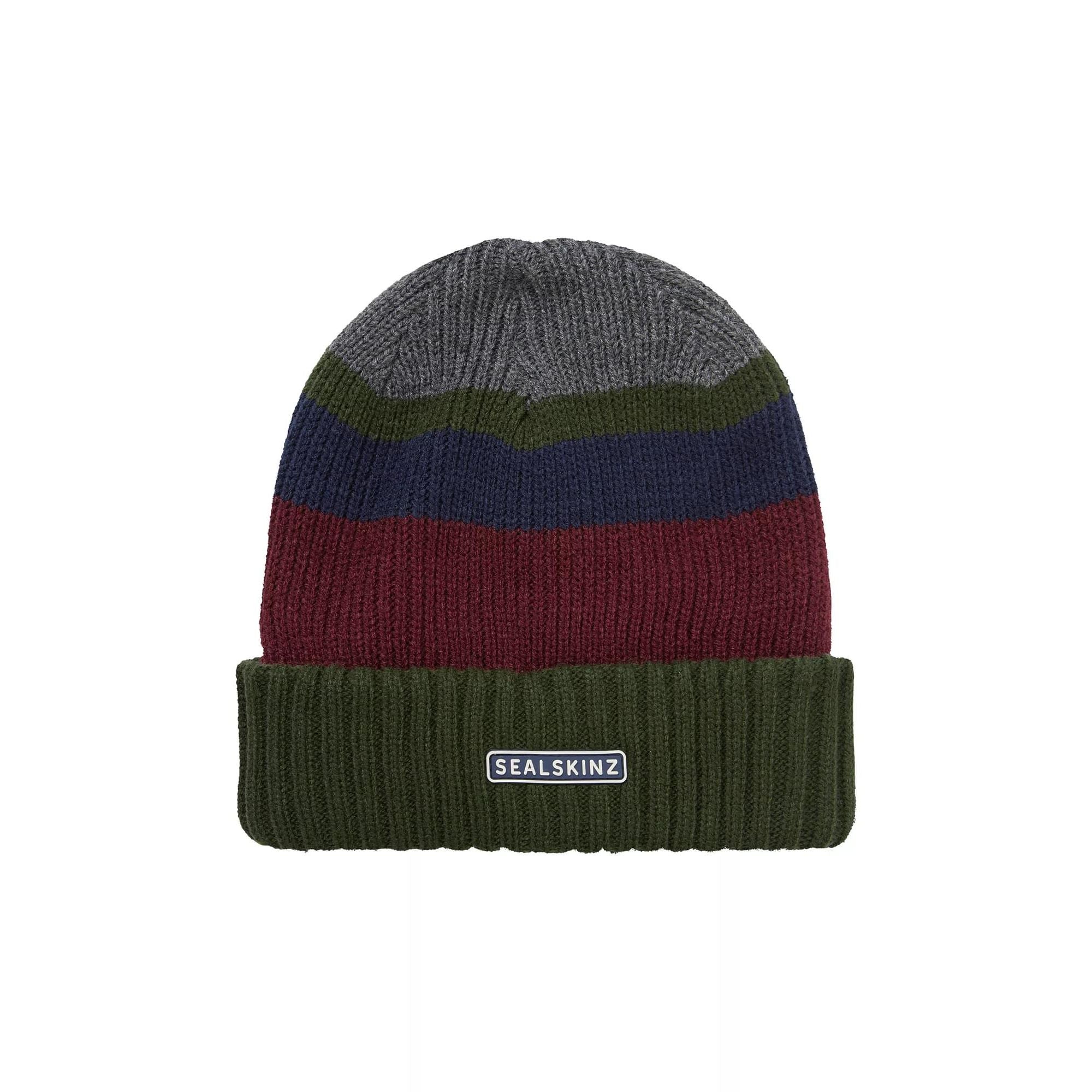 Mens & Ladies Waterproof Thermal Roll Cuff Striped Beanie Hat – X OliveGreyBlueRed