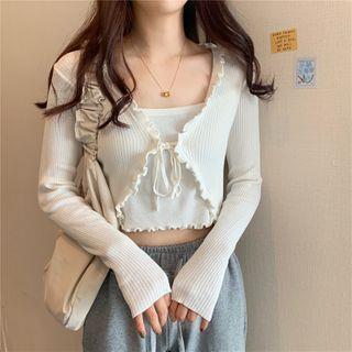 Mock Two-Piece Long-Sleeve Tie-Front Lettuce-Edge Cropped Knit Top Black