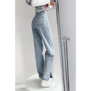 High-Waist Slit-Hem Straight Leg Jeans Light Blue
