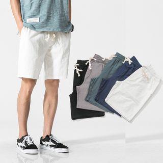 Plain Drawstring-Waist Linen Shorts Gray