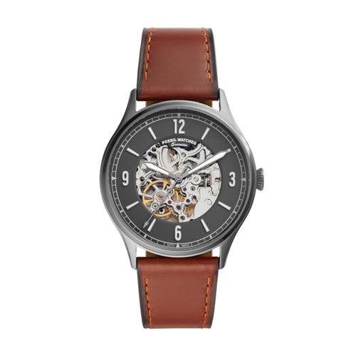 Fossil Men’s Forrester Automatic Amber Leather Watch mm Grey Satin Dial