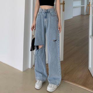 High Waist Distressed Wide Leg Jeans Light Blue