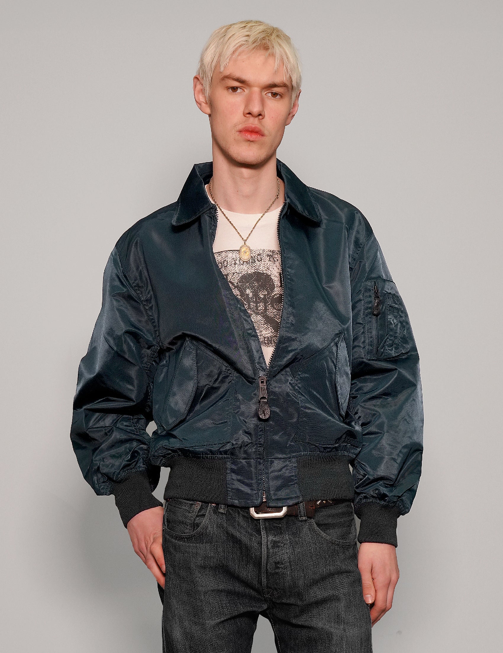 MA- Light Weight Collared Bomber Jacket in Navy – L No Logo