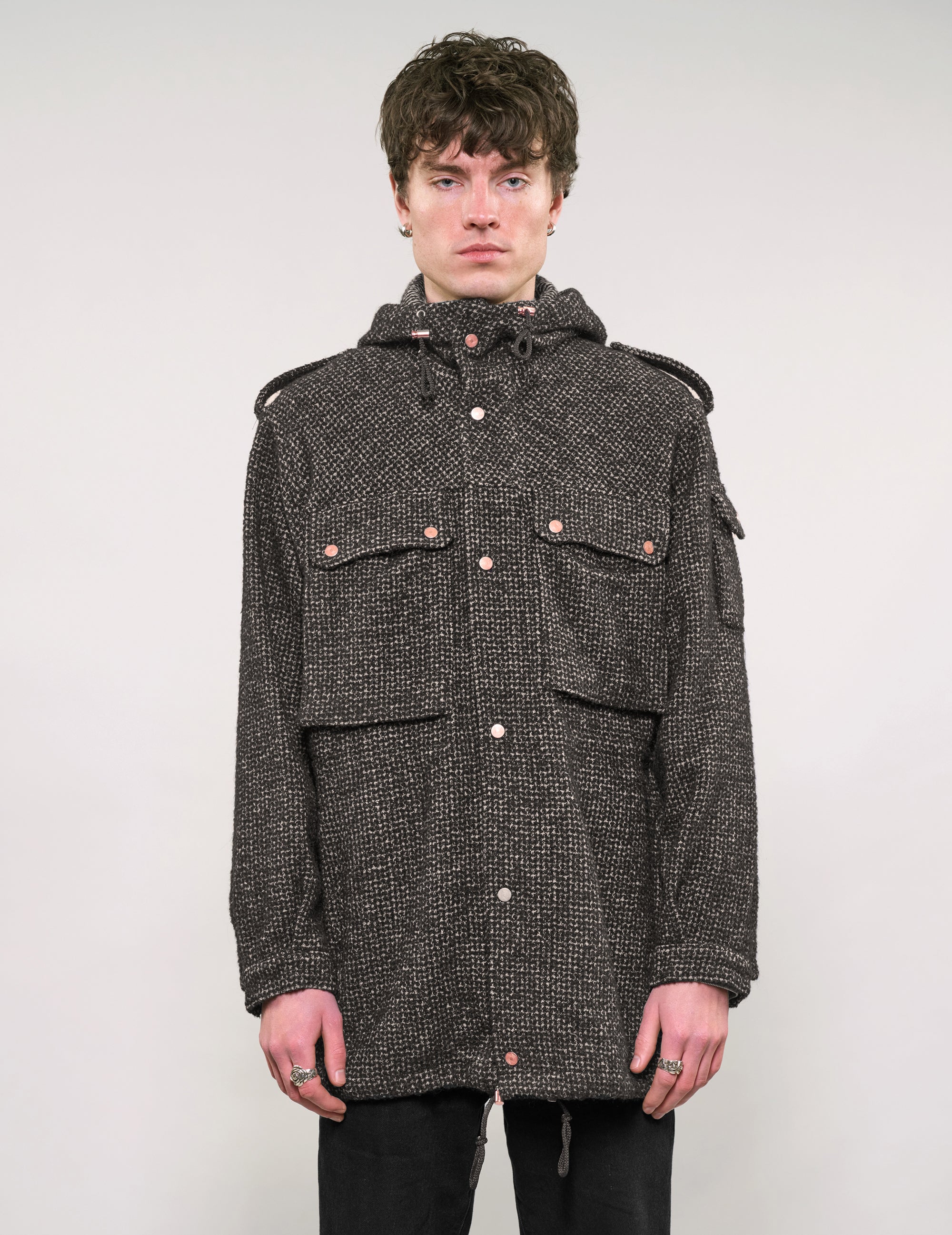 IMMORTAL Hooded Parka in Tweed Charcoal and Black IMMORTAL Hooded Parka in Tweed Charcoal and Black