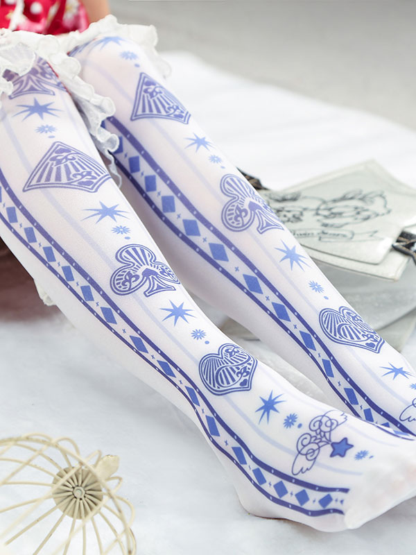 White Lolita Socks Poker Print Cotton Lolita Knee High Socks White Lolita Socks Poker Print Cotton Lolita Knee High Socks