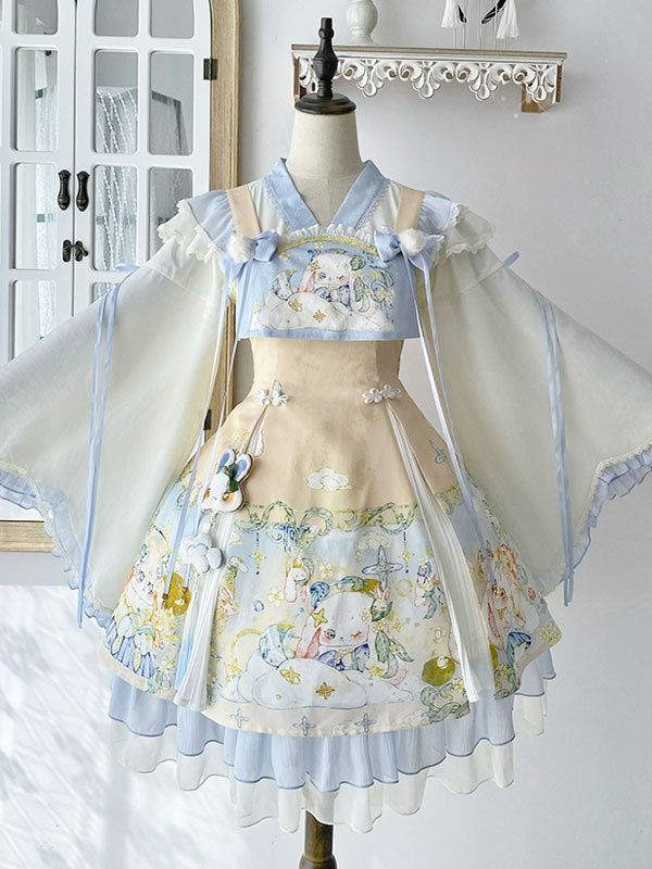 Sweet Lolita Outfits Baby Blue Jacquard Sleeveless Jumper Headwear Accessory