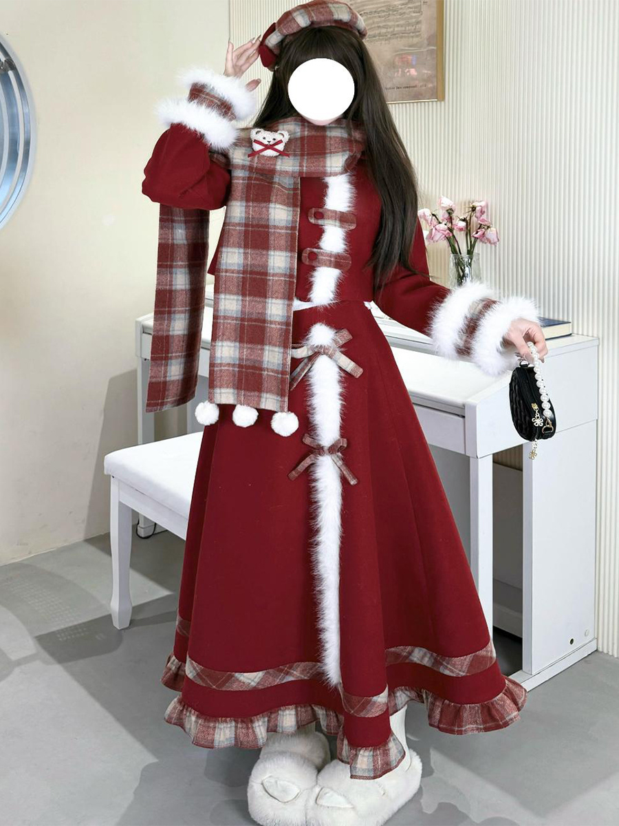 Sweet Lolita -Piece Set Plush Top And Skirt And Scarf Coord Autumn Winter Cozy Outfit
