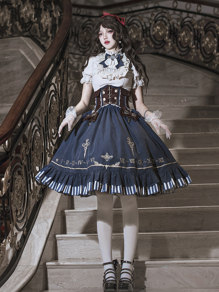 Classic Lolita Suit White Blouse And Blue Skirt And Corset Three-Piece Set Steampunk Era Style Lolita Costumes