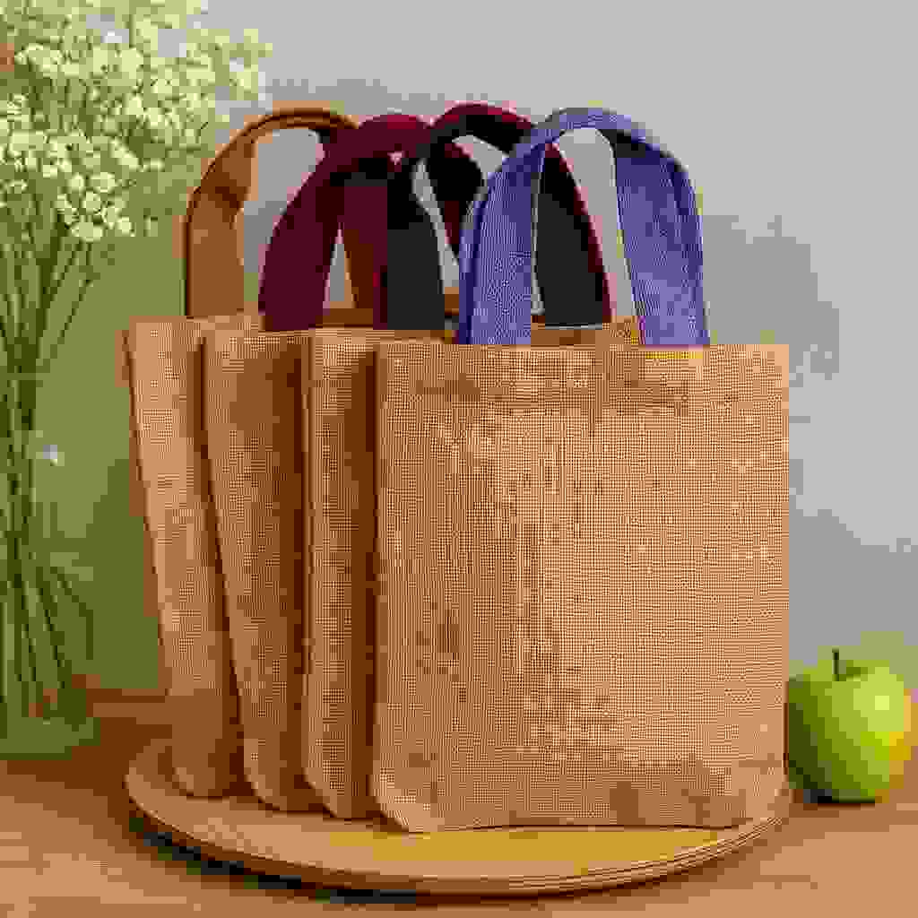Jute Tote Bag, Red Handles Jute Tote Bag, Red Handles