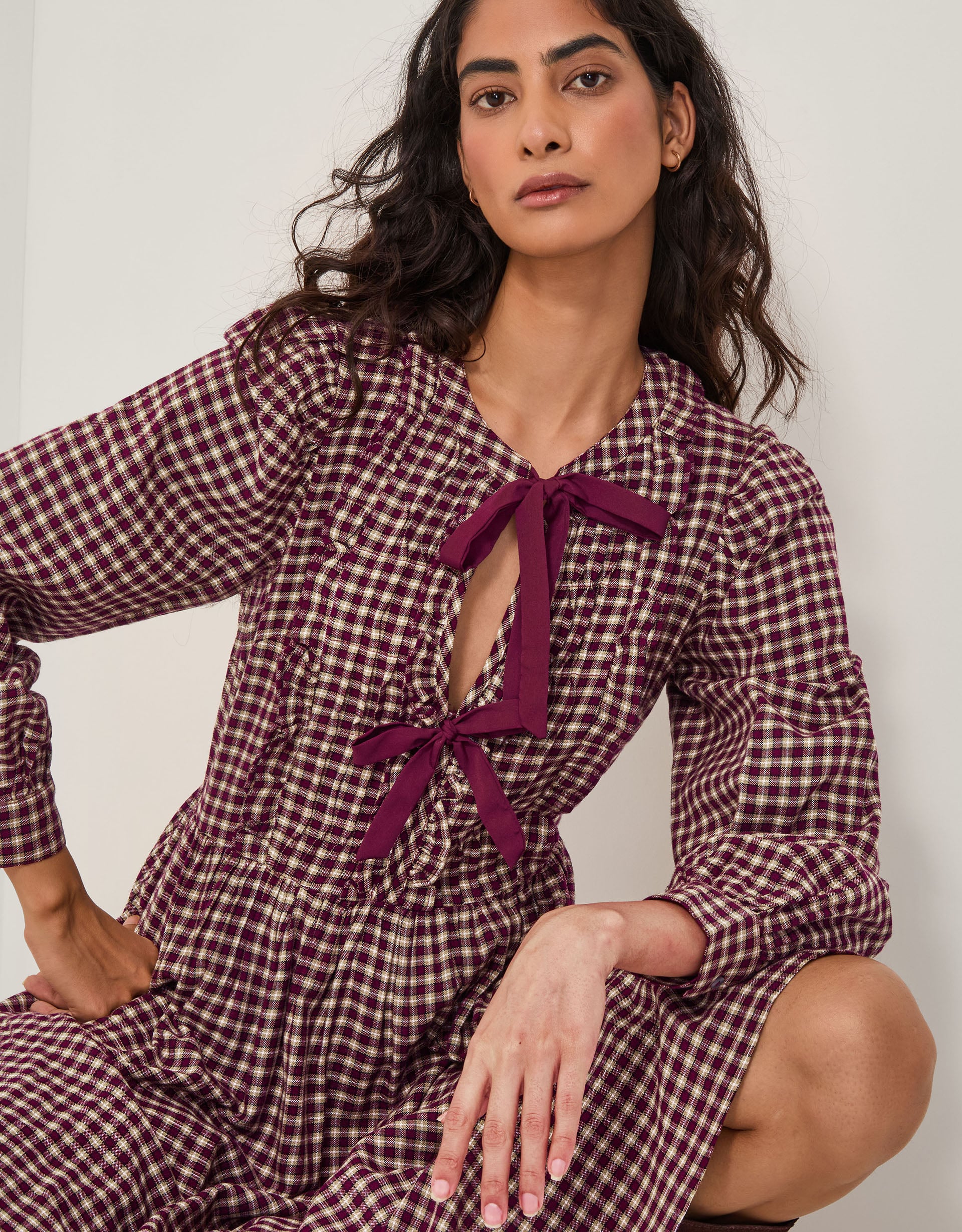 Agatha Tie Front Check Midi Dress Red Agatha Tie Front Check Midi Dress Red