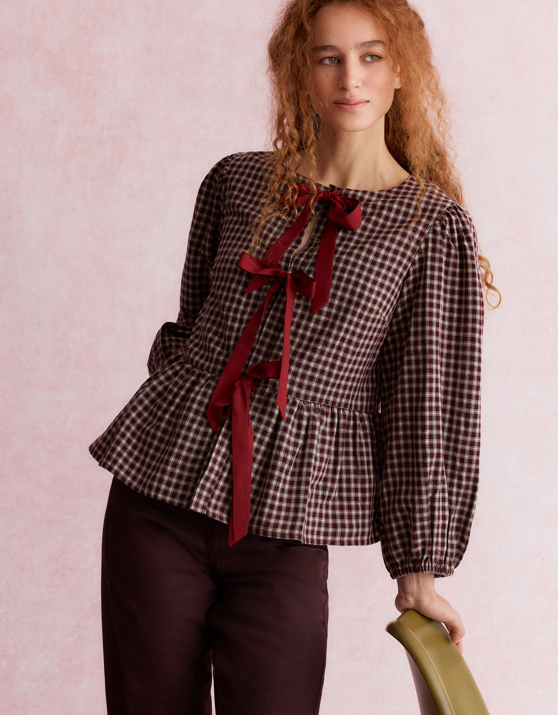 Agatha Check Tie Front Blouse Red