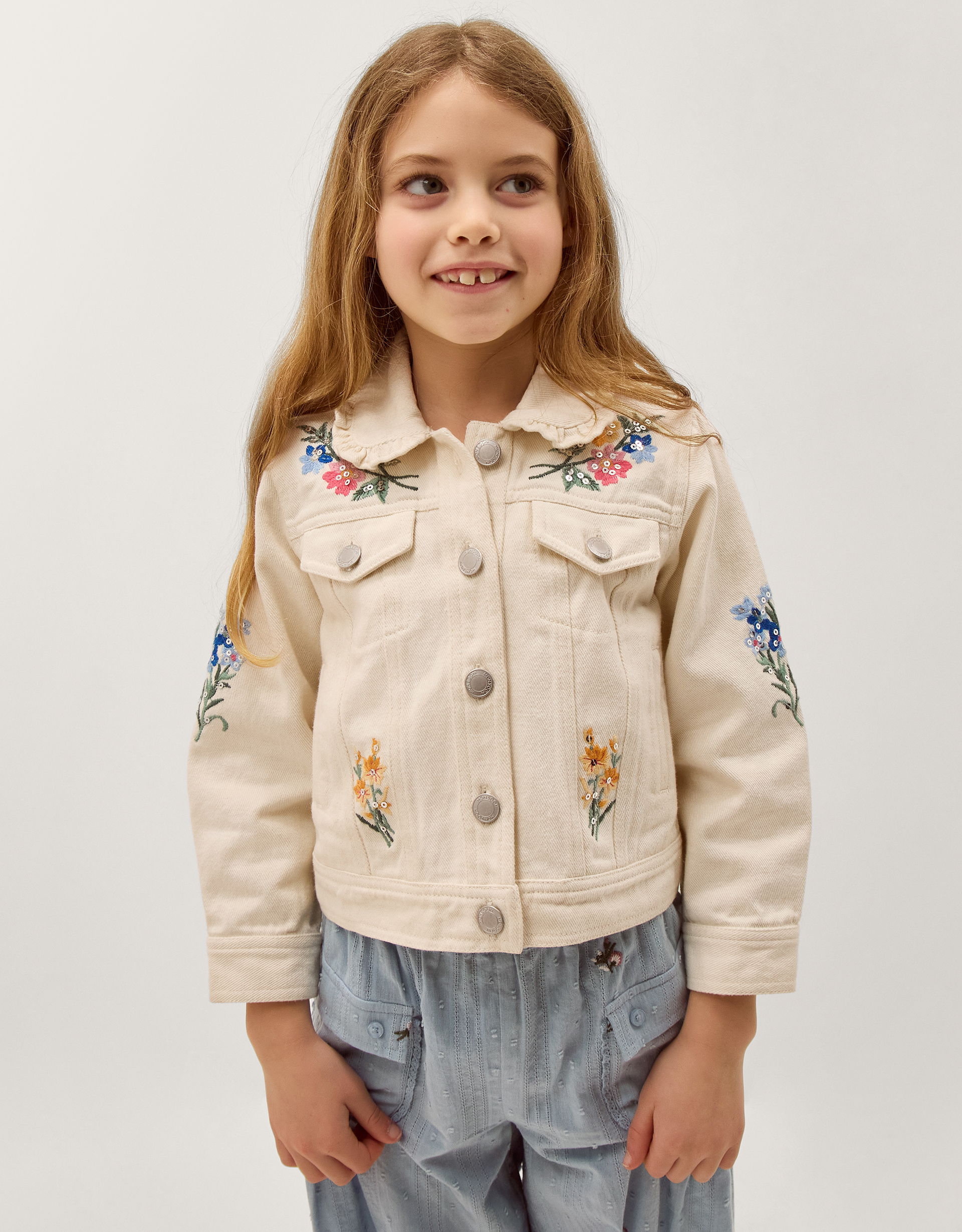 Embellished Floral Denim Jacket Ivory Embellished Floral Denim Jacket Ivory
