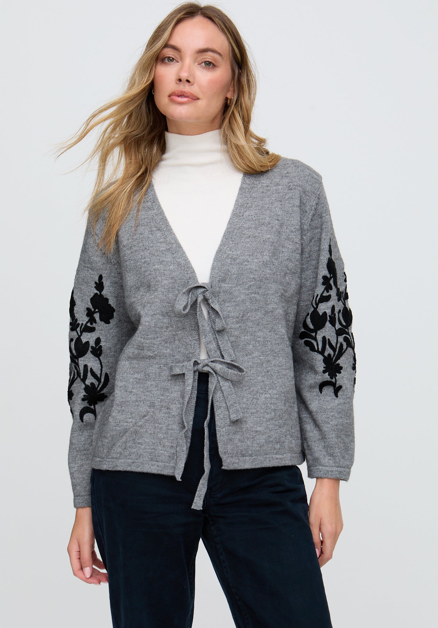 Lola Tie Front Embroidered Cardigan in Grey