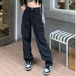 High Rise Cargo Baggy Jeans Black