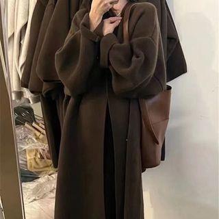 Open Front Plain Oversized Long Cardigan Brown