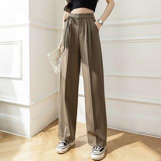 High-Waist Plain Self-Tie Wide-Leg Suit Pants Khaki