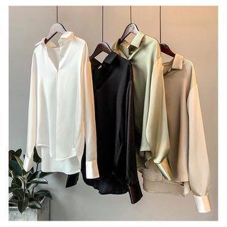 Long-Sleeve Plain Dip-Back Satin Shirt Army Green