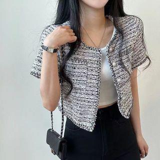 Short Sleeve Single Breasted Tweed Crop Blazer Black Short Sleeve Single Breasted Tweed Crop Blazer Black