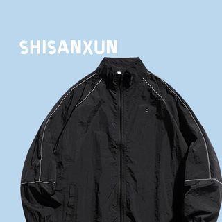 Piped Drawstring Zip-Up Windbreaker Jacket Black