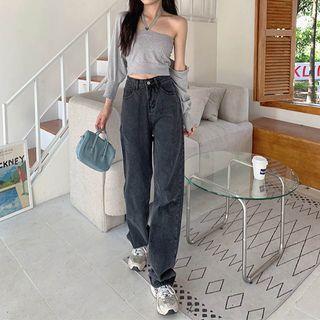 High Waist Washed Straight-Fit Wide-Leg Jeans Blackish Gray
