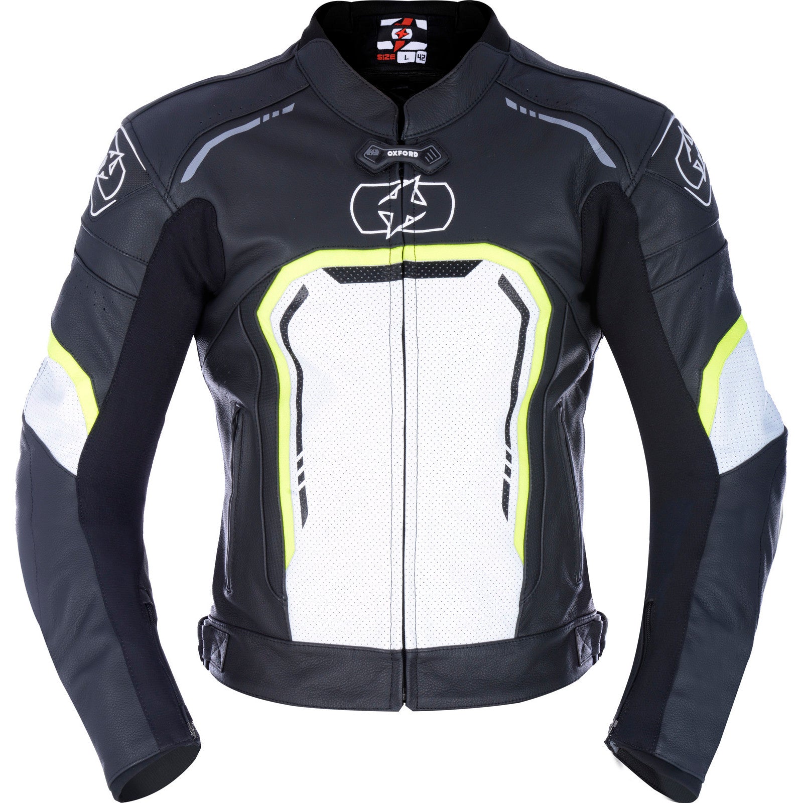 Oxford Strada Leather Motorcycle Jacket – Black White Fluo ” | | “