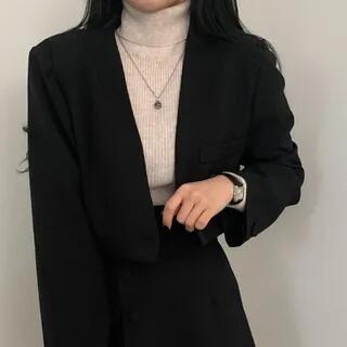 Set: Single-Button Cropped Plain Blazer + High Waist Buttoned Mini A-Line Skirt Top – Black