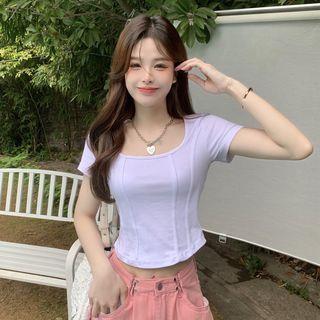 Short-Sleeve Square Neck Slim Fit Cropped Shirt White