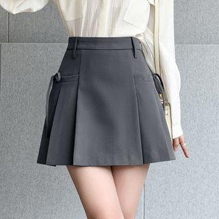 High Rise Plain Pleated Tie-Up Mini A-Line Skirt Gray
