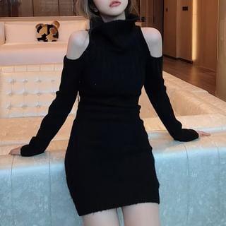 Long-Sleeve Cold Shoulder Turtleneck Plain Ribbed Mini Sheath Sweater Dress Black