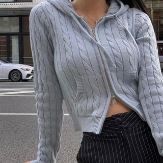 Plain Hood Cable Knit Zip Cardigan Blue