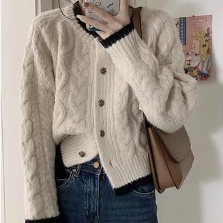 Crew Neck Contrast Trim Cardigan Almond Crew Neck Contrast Trim Cardigan Almond