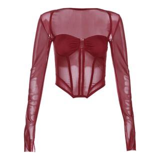Long-Sleeve Plain Asymmetrical Mesh Bustier Top Red