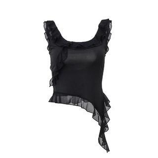 Scoop Neck Plain Ruffle Trim Asymmetrical Crop Tank Top Black