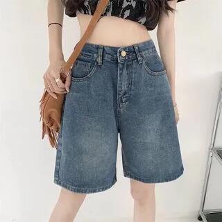 Mid Waist Washed Denim Shorts Blue