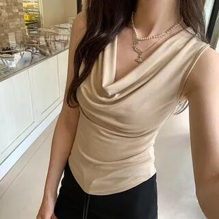Cowl Neck Plain Slim Fit Crop Tank Top Beige Cowl Neck Plain Slim Fit Crop Tank Top Beige