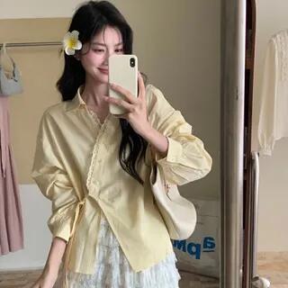 Long-Sleeve V-Neck Collared Lace Trim Buttoned Side-Tie Puff Sleeve Blouse Yellow