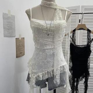 Asymmetrical Ruffle Trim Lace Slim Fit Camisole Top With Thin Scarf Milky White