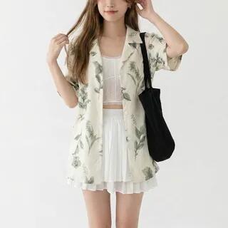 Elbow-Sleeve Floral Print Open-Collar Shirt Green