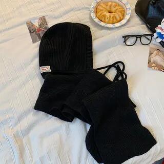 Plain Knit Hooded Scarf Black