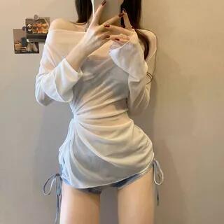Set: Halter Tie Dye Bikini Top + Drawstring Swim Shorts + Long Sleeve Off Shoulder Plain Top – Set of – Bikini Top & Swim Shorts & Long Sleeve Top – Blue & Blue & White