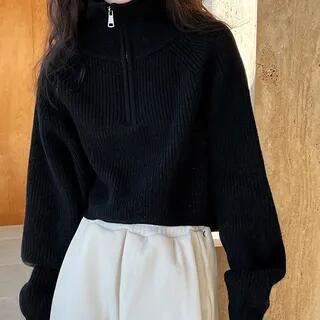 Turtleneck Plain Half Zip Ribbed Sweater Black